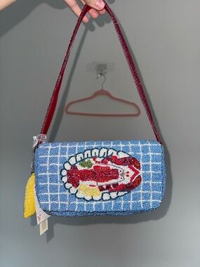 Beaded Blue Grid Shoulder Bag with Red Lobster Motif